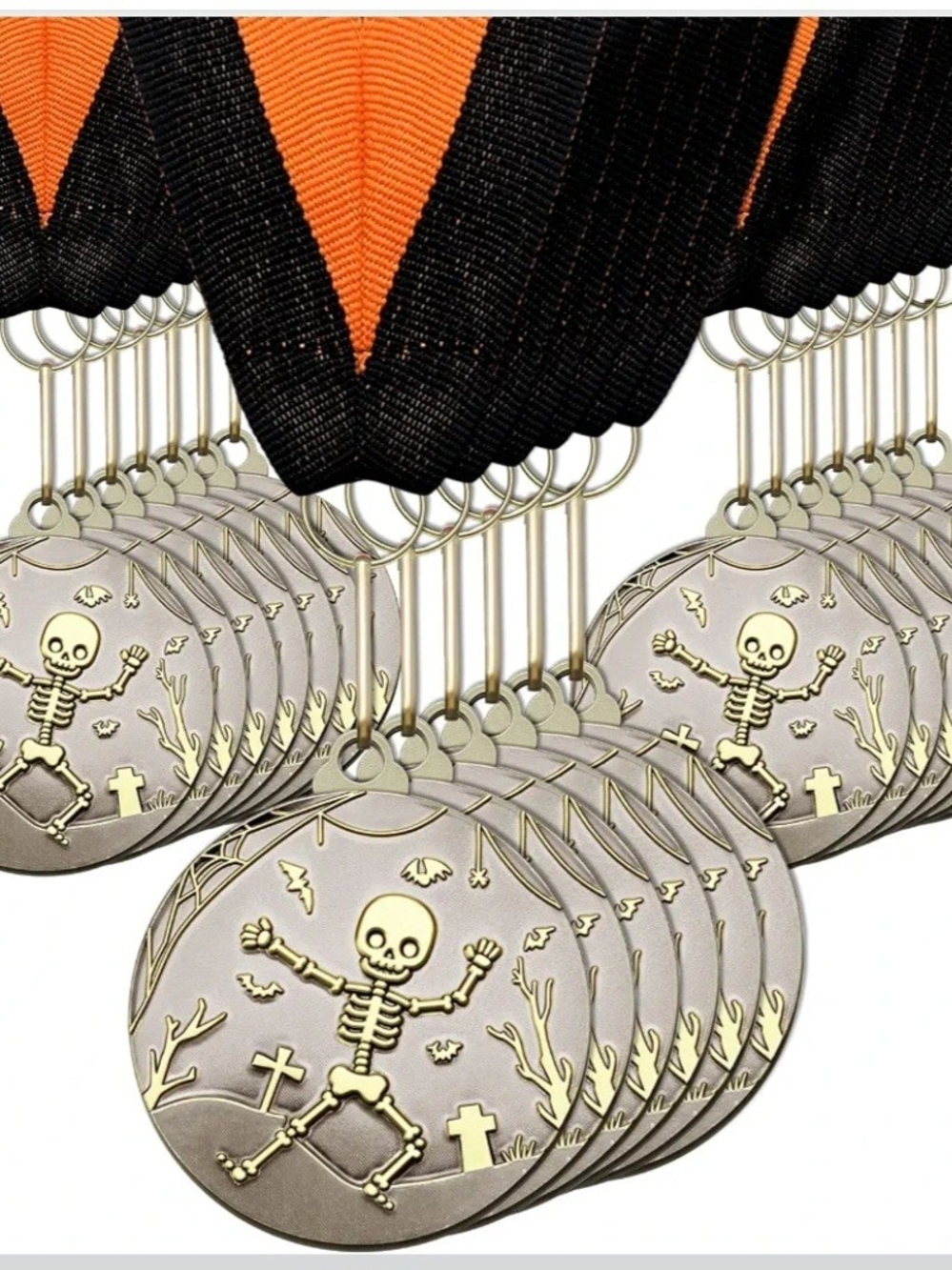 20 Pack Halloween Skeleton Medal Party Favor - Orange & Black Ribbon
